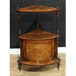 A Victorian burr walnut and marquetry two-tier corner whatnot, the base with a panelled cupboard