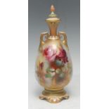 A Royal Worcester James Hadley two handled vase and cover, painted by M Lander, signed, with red and