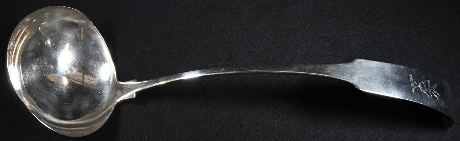 A George III Irish silver Oar pattern soup ladle, 35cm long, John Power, Dublin 1806, 6.75oz