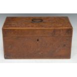 A George III burr walnut rectangular tea caddy, the interior with two lidded compartments and mixing