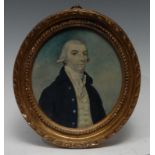 English School, 18th century, portrait miniature, wigged gentleman, wearing a white stock and blue