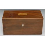 A 19th century rectangular mahogany and satinwood strung tea caddy, the cover inlaid with oval