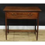 George III mahogany side table, oversailing rectangular top above a frieze drawer, brass swan neck