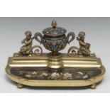 A 19th century gilt brass, champleve and Ashford marble desk standish, two handled flower and scroll