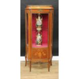 A French Louis XV design gilt metal mounted mahogany and marquetry vitrine, pierced brass three-