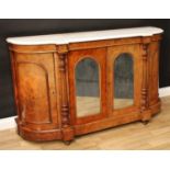 A Victorian walnut side cabinet, white marble top above a pair of arched rectangular mirrored