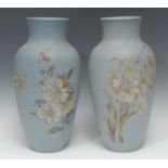 A pair of Langley Ware vases, painted with flowers and birds on a duck egg blue ground, 40.5cm high,