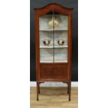 An Edwardian mahogany display cabinet, serpentine cresting above a glazed rectangular door, outlined
