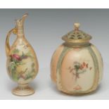 A Royal Worcester lobed ovoid pot pourri vase, pierced domed cover, printed and painted with thistle