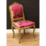 A Louis XV style parcel-gilt and polychrome painted side chair, carved with scrolling acanthus and a