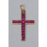 A synthetic ruby and diamond Crucifix pendant, channel set with square cut pink synthetic rubies