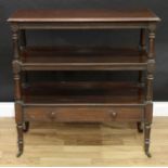 A Victorian mahogany rectangular three-tier dumbwaiter, by Holland & Sons, stamped, turned supports,