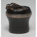 A George II Scottish silver coloured metal mounted lignum vitae bombe shaped snuff mull, push-