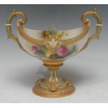 A Royal Worcester two handled pedestal boat shaped vase, painted with red and yellow roses,