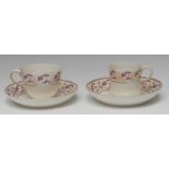 A Pinxton coffee can, Bute shape tea cup and two saucers, pattern No. 275, decorated in puce and