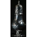 A Dutch silver spirally fluted baluster sugar caster, flame finial, chased and pierced bell shaped