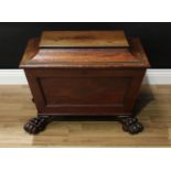 A Regency mahogany sarcophagus cellarette, hinged cover, panelled sides, lion paw feet, 58cm high,