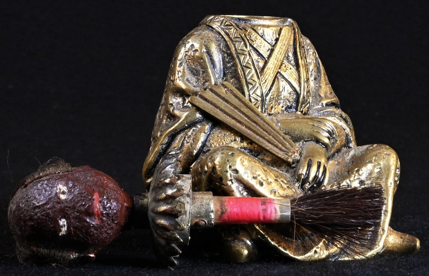A 19th century Chinoiserie gilt bronze and composition novelty glue pot, cast as a Chinese man, - Image 3 of 4
