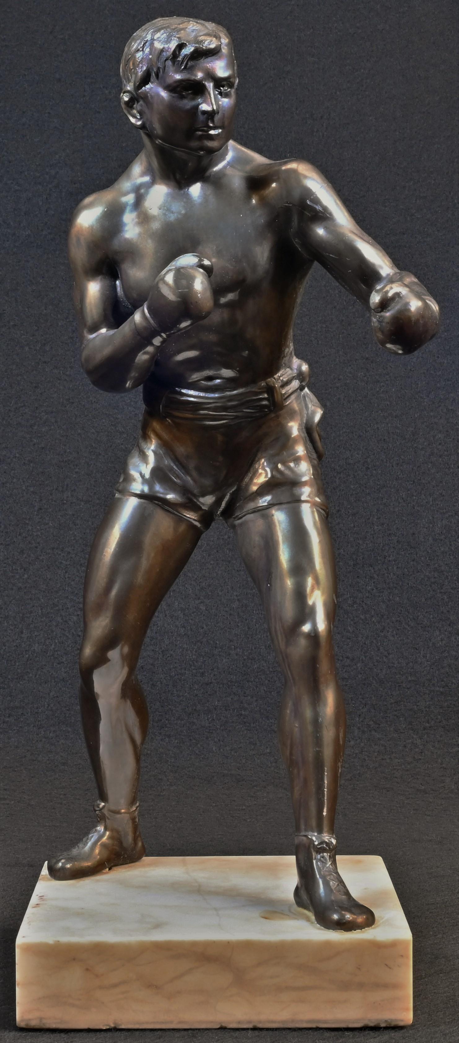 Boxing - an Art Deco period patinated spelter figure, of a pugilist, square marble base, 26.5cm high