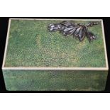 An Art Deco period silver coloured metal mounted shagreen rectangular desk top cigarette box, hinged