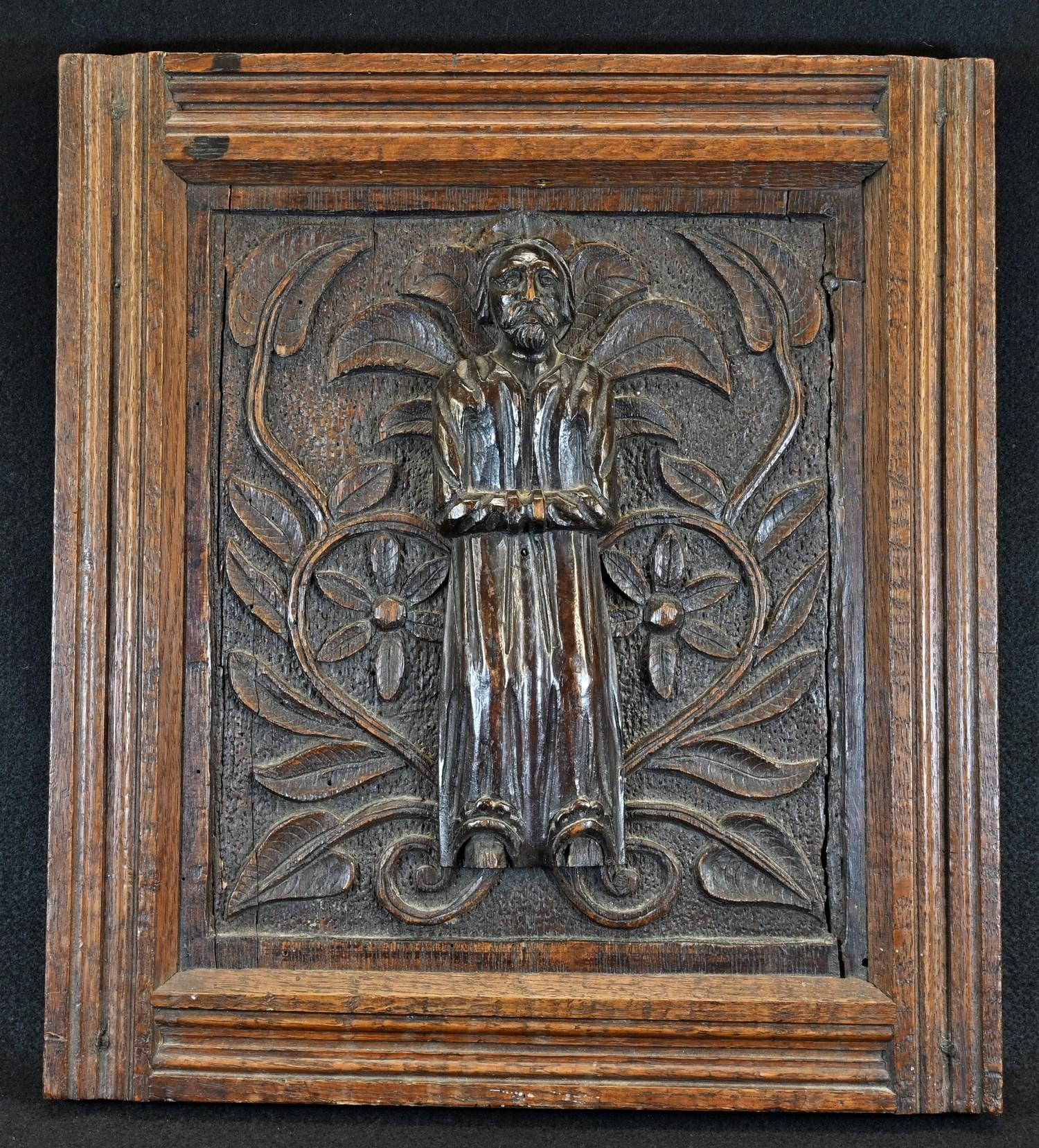 An 18th century oak rectangular panel, carved with a field of flowering scrolling leafy branches, - Image 2 of 4