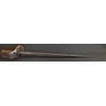 A 19th century naval cutlass, 70cm fullered blade, pierced steel guard, two-piece wooden grip,