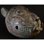 Tribal Art - a Benin bronze mask, cast as the head of a leopard, 30cm long, Nigeria