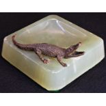 An Austrian cold painted bronze mounted pin dish, applied with a crocodile, green onyx base, 8cm