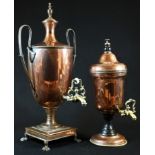 A late George III Neoclassical copper pedestal tea urn, reeded twin-handles with leaf bosses,