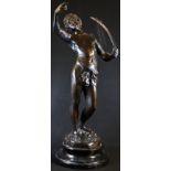 A French spelter figure, The Lyre Player, stepped circular marble base, 66cm