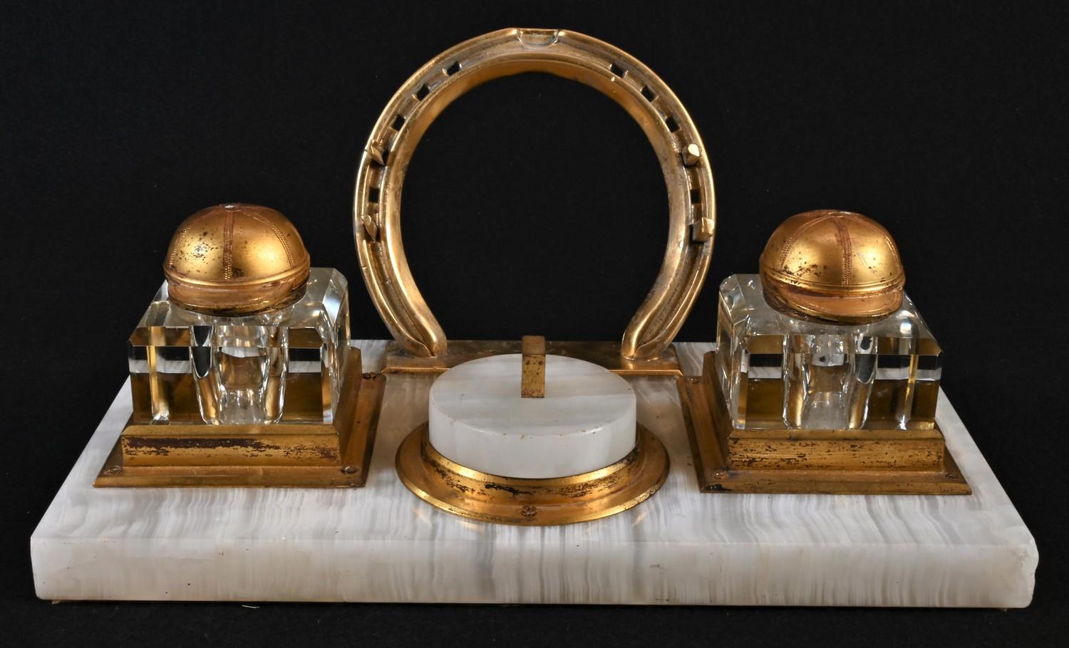 A 19th century gilt metal and white onyx rectangular ink stand, of equestrian interest, the