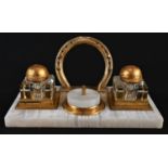 A 19th century gilt metal and white onyx rectangular ink stand, of equestrian interest, the