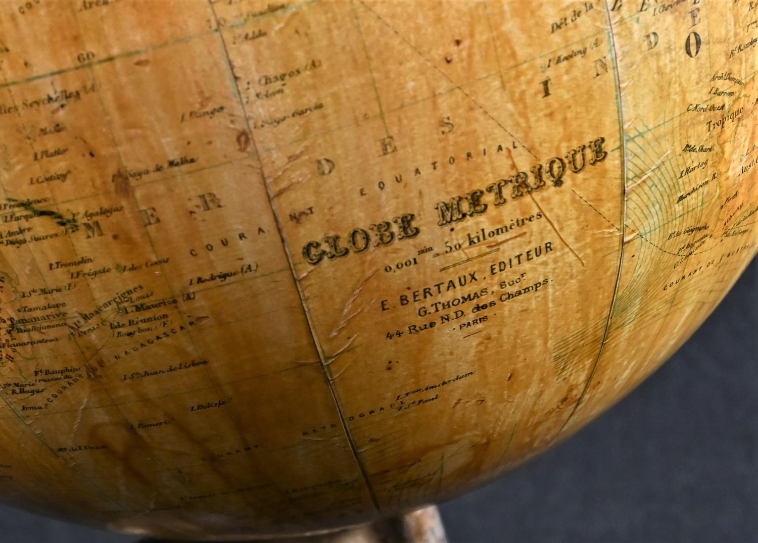 A 19th century French terrestrial globe, Globe Metrique, by Emile Bertaux, Paris, brass meridian - Image 4 of 4