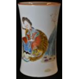 A Chinese cylinder brush pot, painted with Guanyin and the supernatural tiger in polychrome enamels,