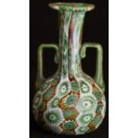 A small Italian Millefiori glass amphora-shaped vase, probably Frattelli Toso, in tones of green,