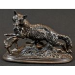 French School (early 20th century), patinated metal, The Catch, a fox makes off with a bird, 20cm