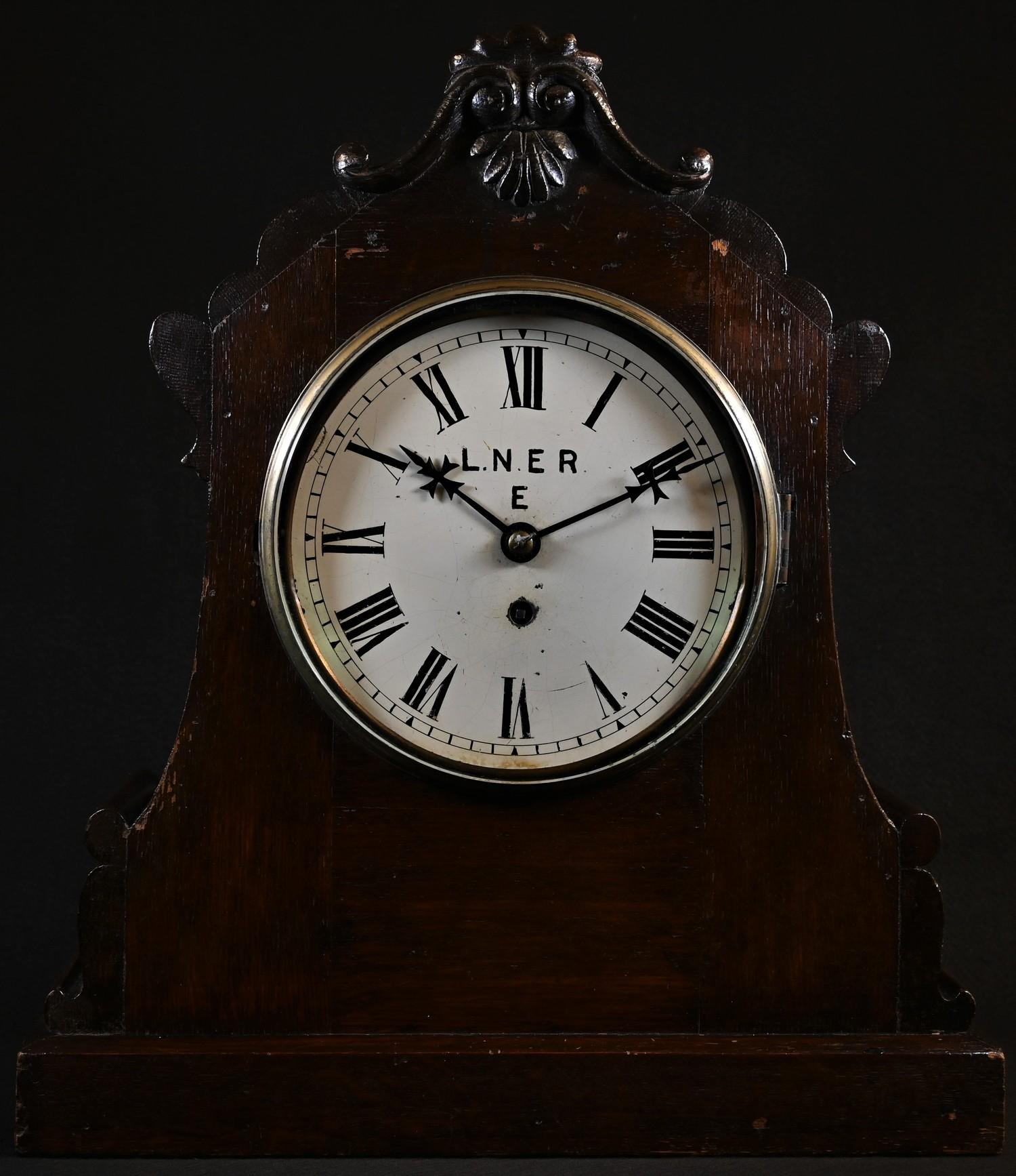 A Victorian oak bracket timepiece, 19cm painted clock dial inscribed LNER E, Roman numerals, - Bild 2 aus 6