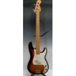 A Fender Precision electric bass guitar USA, tobacco sunburst, cream scratch plate and pick up,