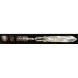 An Edwardian Derbyshire Blue John-hafted and silver-mounted mother-of-pearl paper knife, quill-
