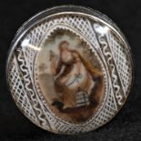 A George III silver circular pill box, the domed 'faux rock crystal' cover set with a portrait