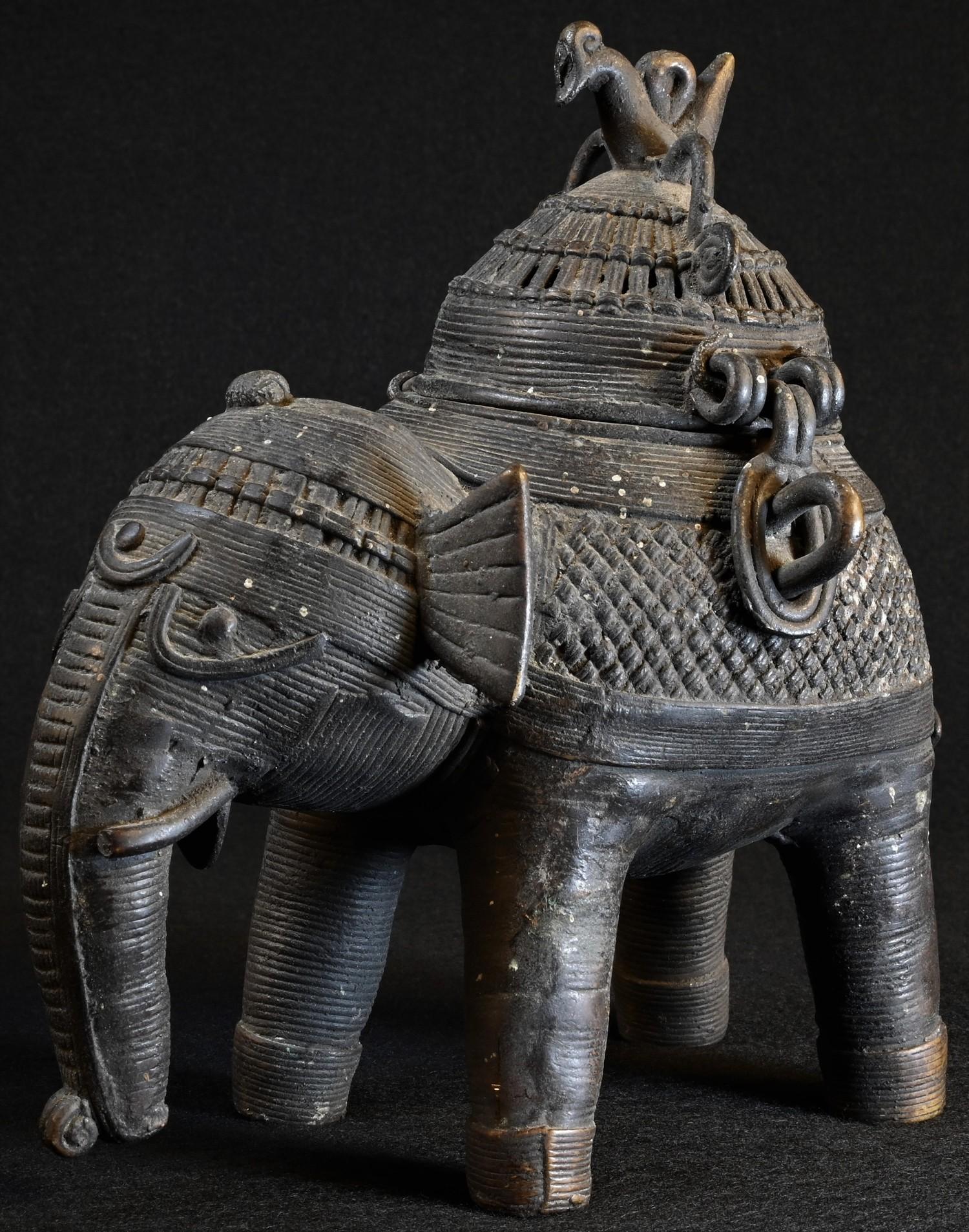 A 19th century Indian dark-patinated bronze censer, as an elephant, the hinged cover as a stylized - Image 2 of 6