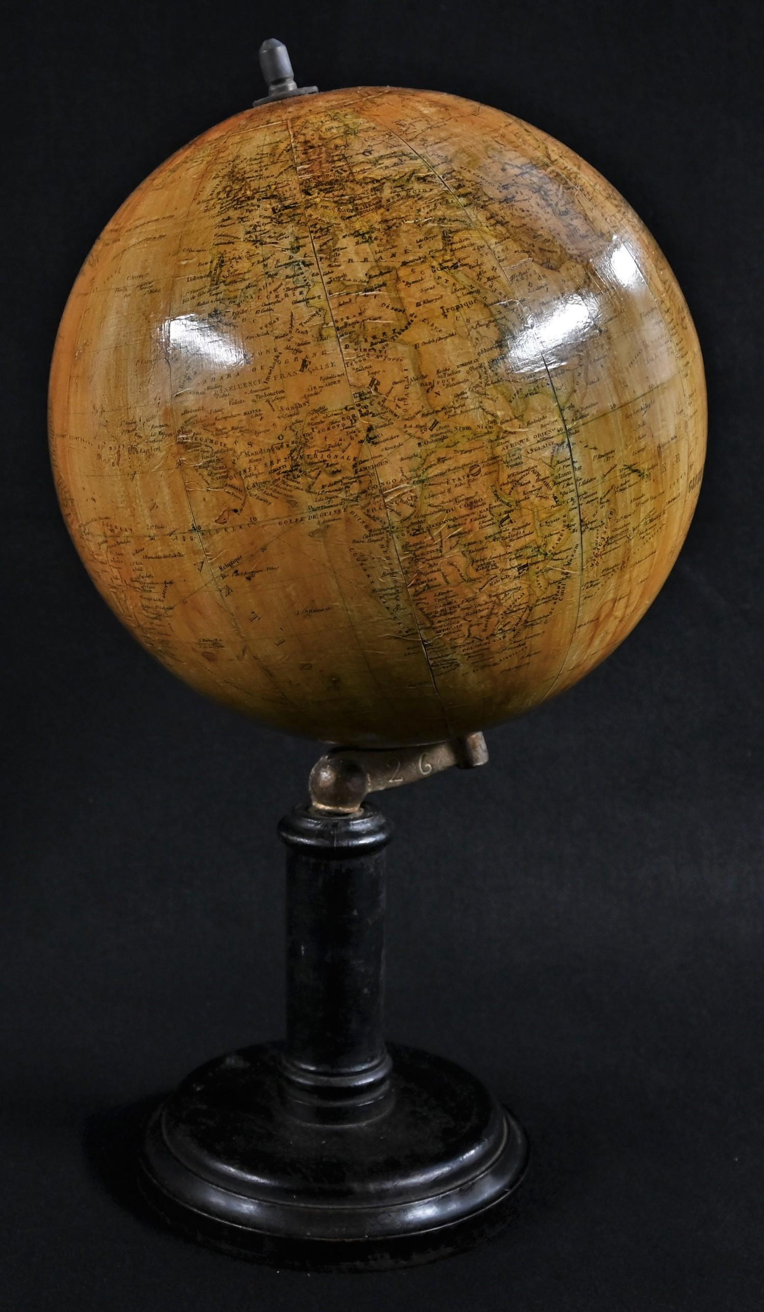 A 19th century French terrestrial globe, Globe Metrique, by Emile Bertaux, Paris, brass meridian