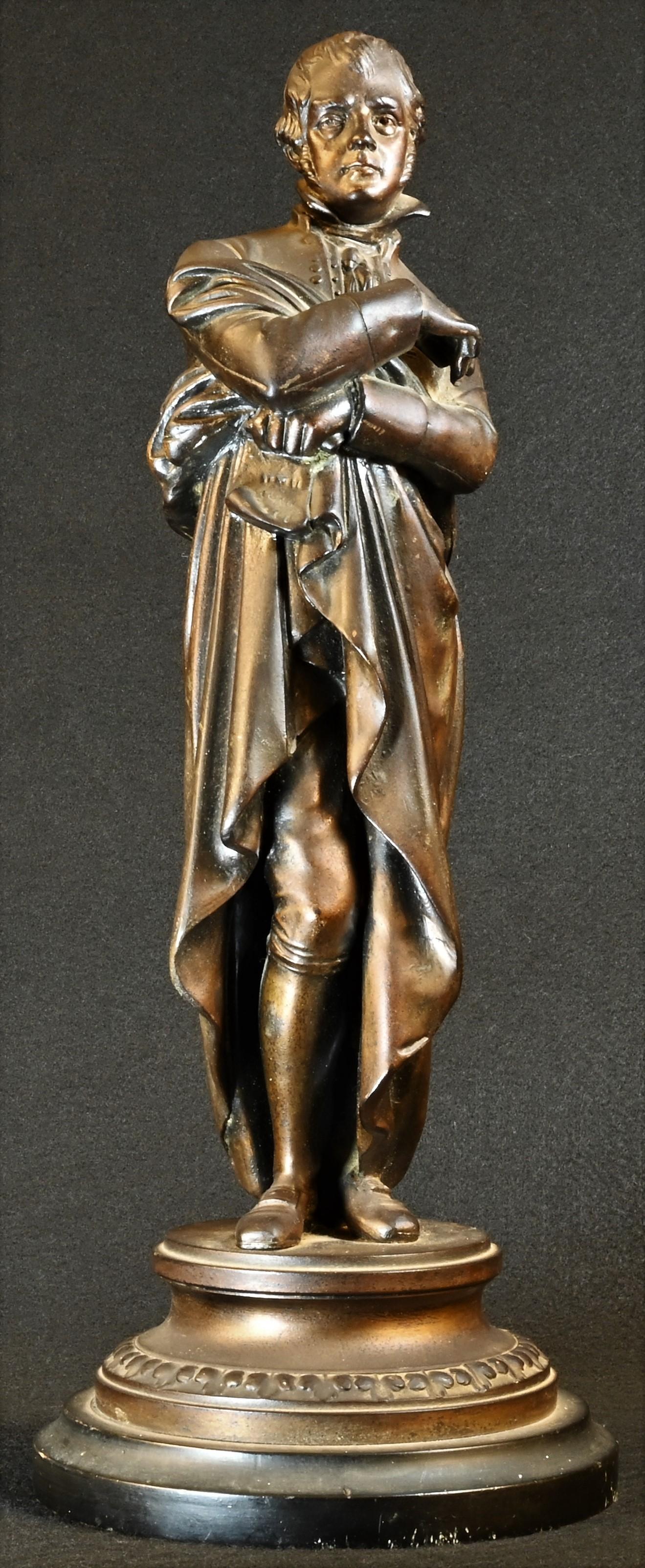 A late 19th century brown patinated library figure, of Sir Walter Scott, ebonised base, 37cm high