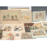 A folio of late 18th century and later prints, predominantly caricatures, a few pictures, comprising