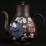 A Chinese yixing pear shaped teapot, decorated in polychrome enamels with the 'Hundred Boys',