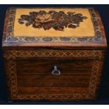 A Victorian Tunbridge ware and rosewood tea caddy, the domed cover centred by a mosaic still life of