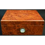 An Angelo burl wood cigar humidor, hinged cover, hygrometer, 26.5cm wide