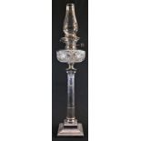An Edwardian E.P.N.S Corinthian column table oil lamp, Hinks No.2 patent burner, cut glass