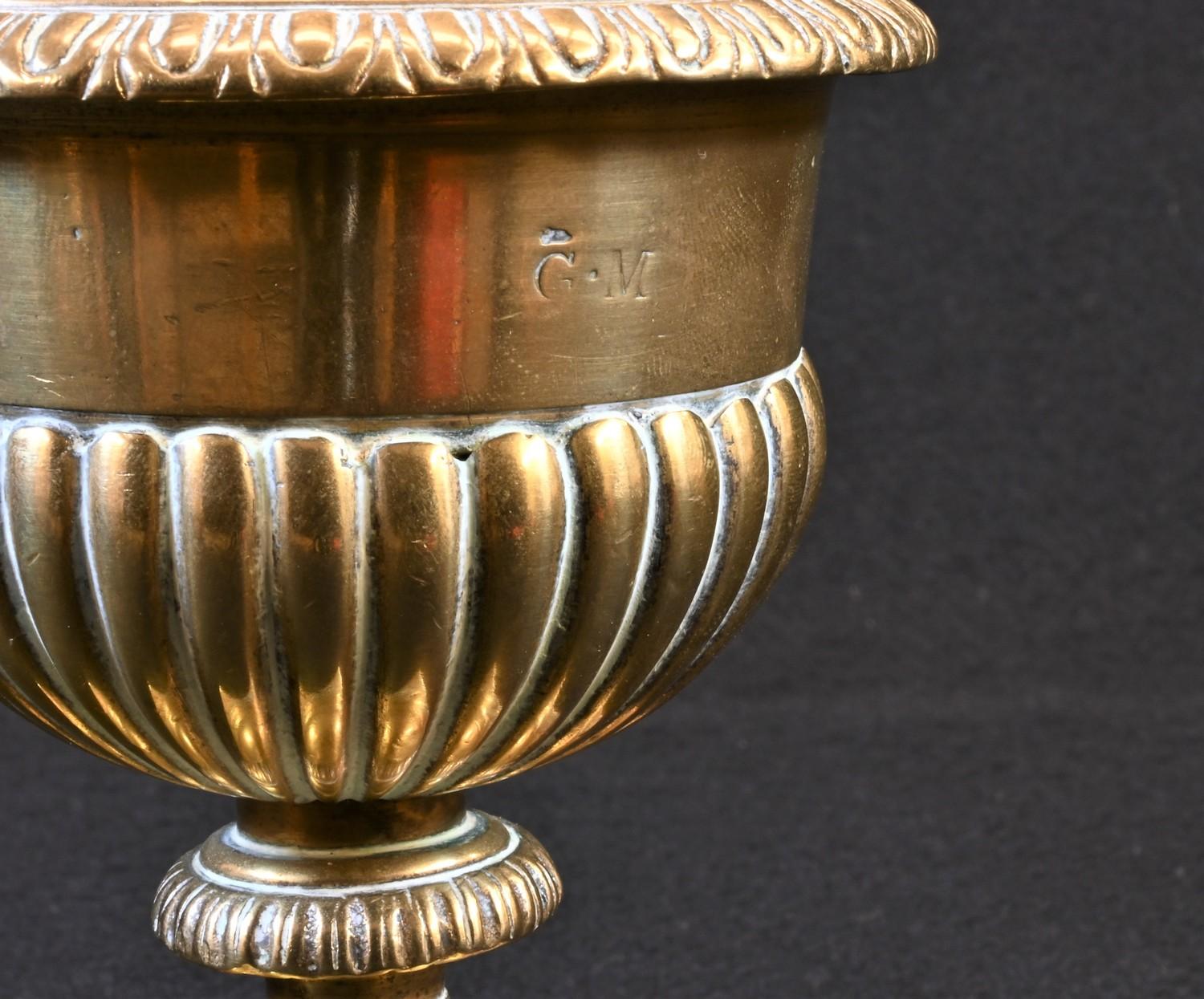 A 19th century polished bronze half-fluted urn and cover, knop finial with acanthus boss, square - Image 3 of 4