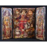 An Ethiopian Coptic triptych, painted in polychrome and gilt with saints, 22cm high